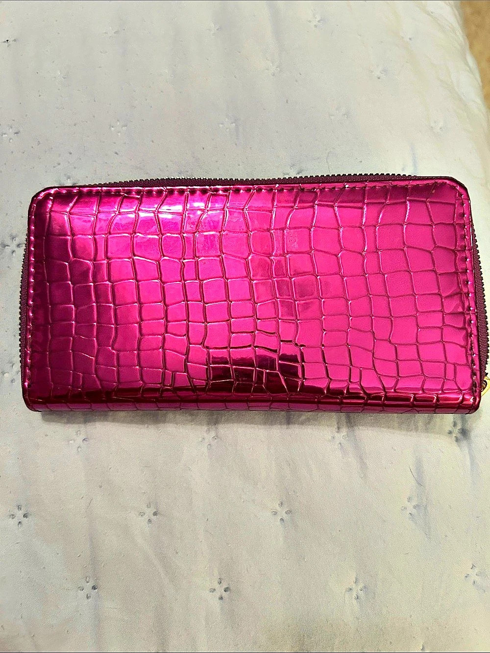 Croc-Embossed Zip Wallet in Pink Like New